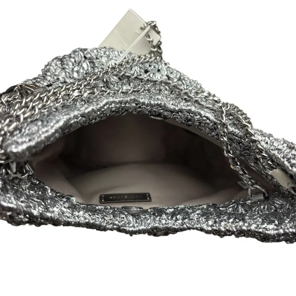 Tory Burch Fleming Metallic Woven Mini Hobo Bag Chain Crossbody SILVER New w/tag